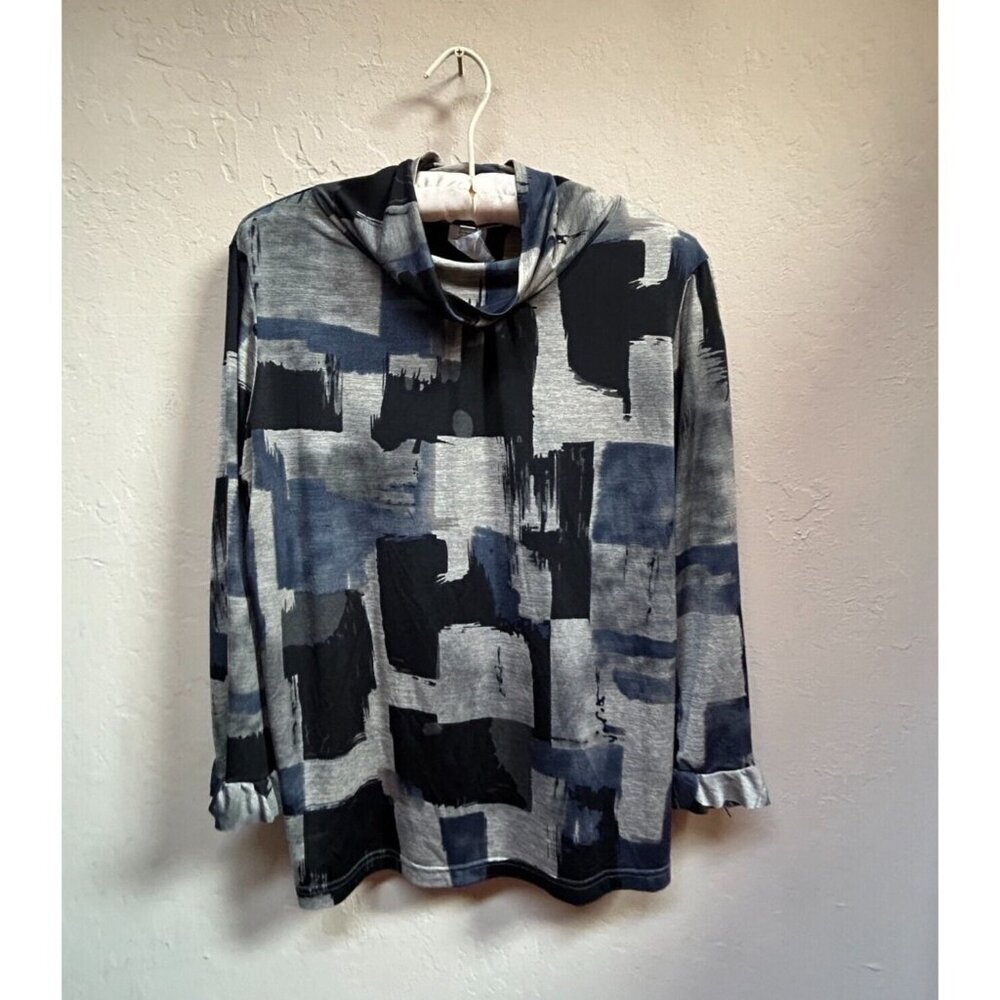 Robert Kitchen Women's Cowlneck Pullover Long Sleeve Top Patchwork Large Casual